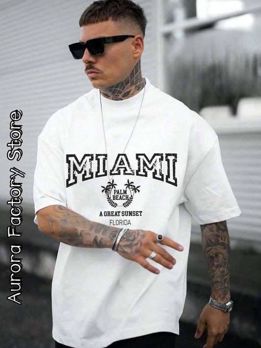 MIAMI Printing T-Shirt Summer Men Casual Cotton O-Neck Tops Tees Male Fashion Camiseta Short Sleeve Clothing Vintage Streetwear