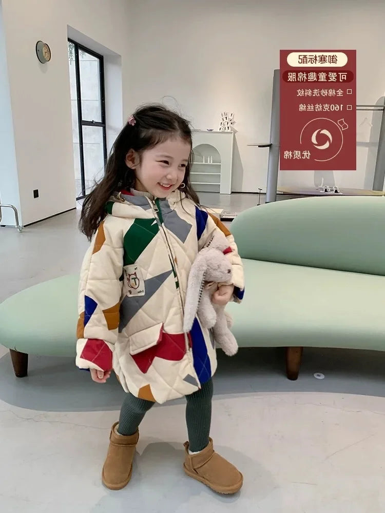 Korean Children Coat Winter New Original Design Geometric Pattern Boy's Cotton Padded Jacket Girls Fashion Outerwear XMP419