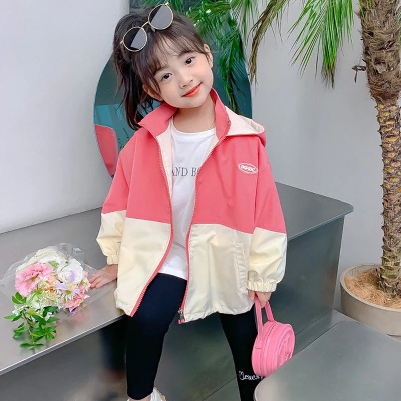 Colorblocking Trench Coats Spring Girls Fashion Hooded Jackets Autumn Children Clothes New Casual Zipper Outerwear 1-12 Year Old