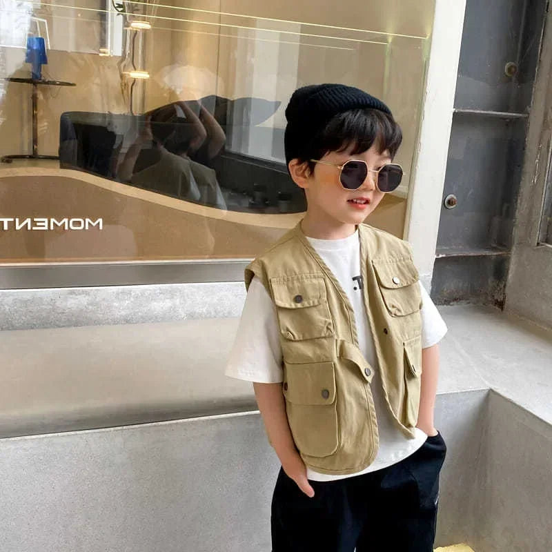 Spring Autumn Boys Sleeveless Thin Jacket Coat Outdoor Cotton Vest Multi Pocket Tank Top Boys Outfit Children Clothes