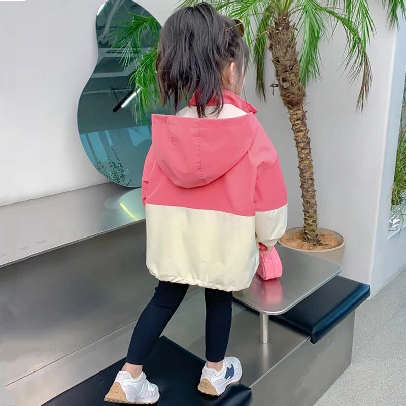 Colorblocking Trench Coats Spring Girls Fashion Hooded Jackets Autumn Children Clothes New Casual Zipper Outerwear 1-12 Year Old