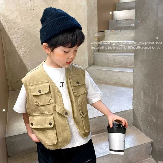 Spring Autumn Boys Sleeveless Thin Jacket Coat Outdoor Cotton Vest Multi Pocket Tank Top Boys Outfit Children Clothes