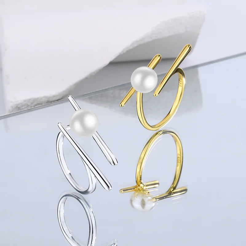 925 Sterling Silver Geometry Pearl Rings For Women Wedding Luxury Jewelry Gift Female Cheap   Jewellery